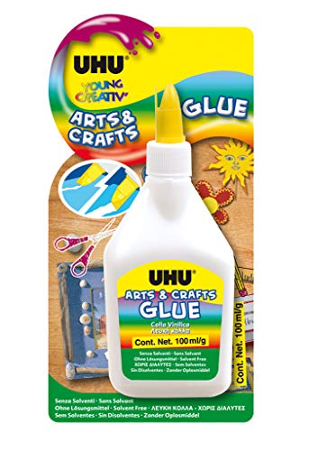 UHU 3-38996 Young Creative Arts & Crafts, Lösungsmittel-Bastelkleber mit praktischem integriertem Spatel, Blister 100 g, transparent, 100 ml von UHU