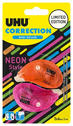 UHU Korrekturroller Neon Mini – Korrekturband schnell, sauber und präzise, weiß, 2 Stück, 6 m x 5 mm von UHU