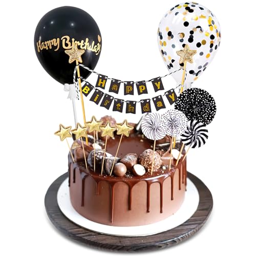 Happy Birthday Tortendeko, Tortendeko Gold Schwarz Happy Birthday Kuchendeko Tortendeko Geburtstag Mann Kuchendeko Geburtstag Junge, Cake Topper Geburtstag mit Konfetti Luftballons Papierfächer Stern von UICCVOKK