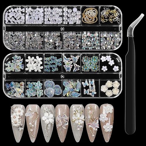 UICCVOKK 3D Nail Charms, 3D-Nagelanhänger, 2 Boxen in verschiedenen Formen Aurora Schmetterling Blume Illusion AB Diamanten Perlen Kette Metall Zubehör, Nagelkunst Dekoration mit Pinzette von UICCVOKK