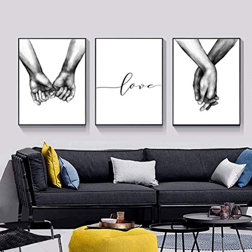 UIGJIOG 3 Stücke Schwarz-Weiß-Wandkunst Leinwand, Hand in Hand Nordische Plakate und Drucke, Wohnzimmer Dekoration Bild Rahmenlos,20x30cm von UIGJIOG