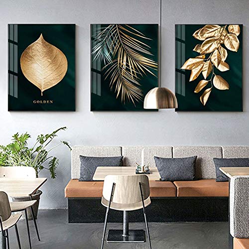 UIGJIOG Bild Leinwand Abstrakte goldene Pflanze verlässt Bild-Wand-Plakat Moderne Art-Leinwand-Druck-Malerei-Kunst-Wohnzimmer-Cuadros-Hauptdekor,20" x 27.5" (50cm x 70cmx3) von UIGJIOG