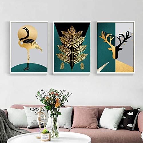 UIGJIOG Leinwand Kunst Poster und druckt Moderne abstrakte Tier Nordic Art Pflanze Blätter Wanddekoration, Golden, Poster, Wand, Wohnzimmer,20x30cmx3 No Frame von UIGJIOG