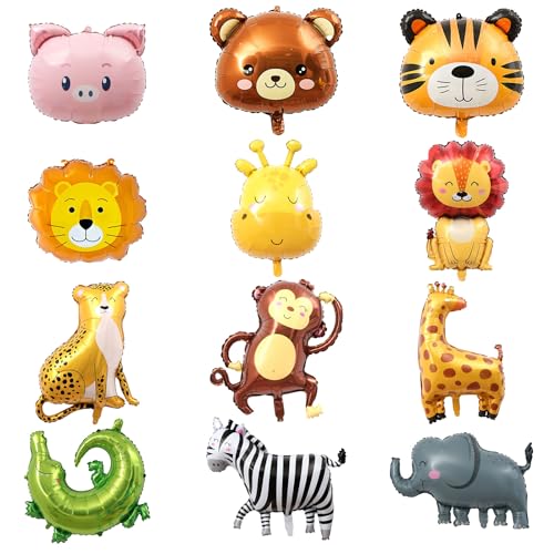 UILYNIU 12 Stück Luftballon Tiere Folienballons Aufblasbarer Tiger Löwe Giraffe Krokodil Leopard Affe Elefant Schwein Bär Ballon Heliumballon Tiere Tierthema Ballons Folienballon Geburtstag (12 Stück) von UILYNIU