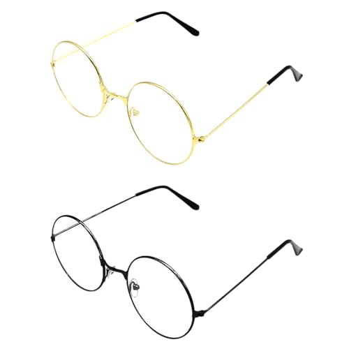 UILYNIU 2 Stück Runde Brille, Weihnachtsmann Brille Rund, Brille mit Rundgläsern, Unisex Retro Runde Brillen, Retro 60er 70er Jahre Hippie Brille für Karneval Fasching, Cosplay (Schwarz, Gold) von UILYNIU