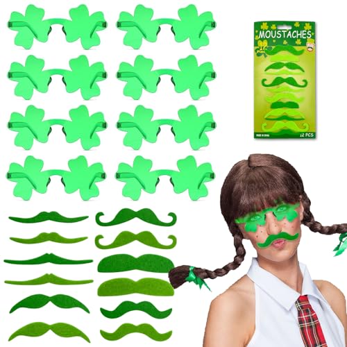 UILYNIU 8 Stück Vierblättrige Kleeblatt-Brille mit 12 Grüne Schnurrbärte, St. Patricks Day Accessoires, Party Brille Vierblättriges, St. Patrick's Day Sonnenbrille, für Camping, Strand, Kostümparty von UILYNIU