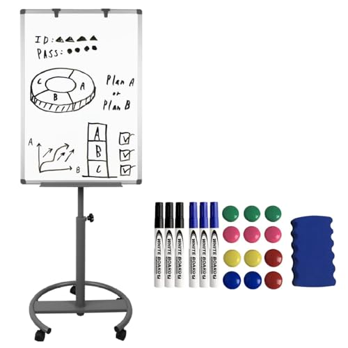 UISEBRT Whiteboard Flipchart mit Rollen Ständer, Magnetisch Beschreibbar Abwischbar Weiße Magnettafel Präsentationstafel, Höhenverstellbar Staffelei, Papierhalter, 60 x 90 cm, Rundfuß mit Rollen von UISEBRT