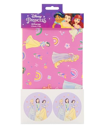 UK Greetings Disney Princess Multipack mit 2 Bögen Geschenkpapier und 2 Etiketten für sie/Mädchen, rosa und lila Design von UK Greetings