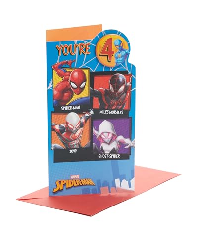 UK Greetings Marvel 4. Geburtstagskarte für Ihn/Jungen mit Umschlag – Abzeichen-Design – mit Spider-Man von UK Greetings