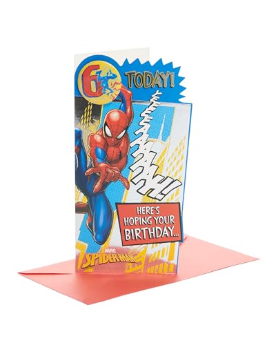 UK Greetings Marvel Geburtstagskarte zum 6. Geburtstag für Ihn/Jungen mit Umschlag, Abzeichen-Design – mit Spider-Man, 121 x 229 mm von UK Greetings