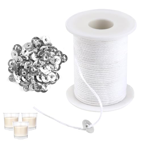 61m Kerzendocht，kerzendochte für Kerzen，Rauchfrei Kerzen Dochten Set，für Kerzen, Natürlichen Candle Wick mit 100 Stück Dochthalter für DIY Kerzenherstellung Weihnachten，Duftkerzen von UKOFEW