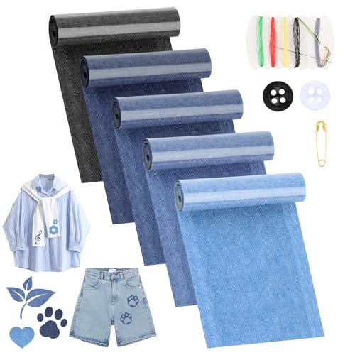 UKOFEW 5 Rollen Jean Flicken zum Aufbügeln,8 * 50cm Selbstklebende Bügelflicken mit Nähzubehör,Reparatur Patches Kleidung für Jeans Kleidung Lochreparatur und Dekoration von UKOFEW