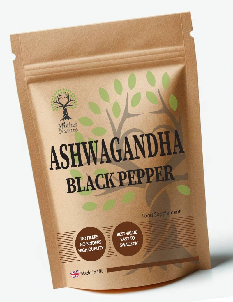 Ashwagandha Schwarzer Pfeffer 600 Mg Natürliche Kapseln Wurzelextrakt Vegan Ergänzungen von UKmotherNature