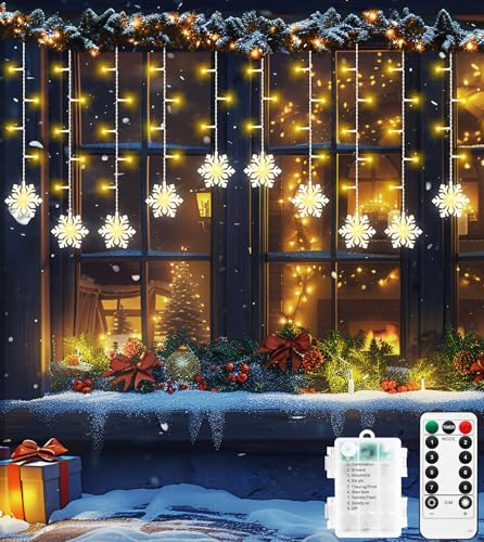 ULIGHTOWN Weihnachten Fensterlichter 90 LED 3.5M Schneeflocken Vorhang Lichter, Weihnachtsbeleuchtung 8 Modi, wasserdichte Eiszapfen Lichter für Fenster, Garten, Party, Schlafzimmer, Terrasse von ULIGHTOWN