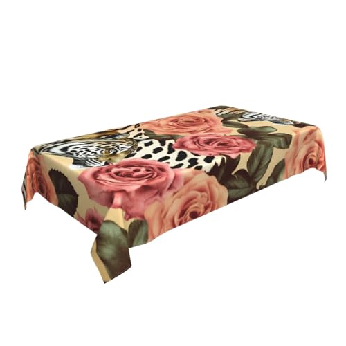 ULKMFFCF Gestreifte Tischdecke mit Leoparden- und Rosenmuster, bedruckt, 228 x 152 cm, waschbar, rechteckig, Tischdecke für Küche, Esszimmer, Partys, Hochzeiten, Festivals von ULKMFFCF