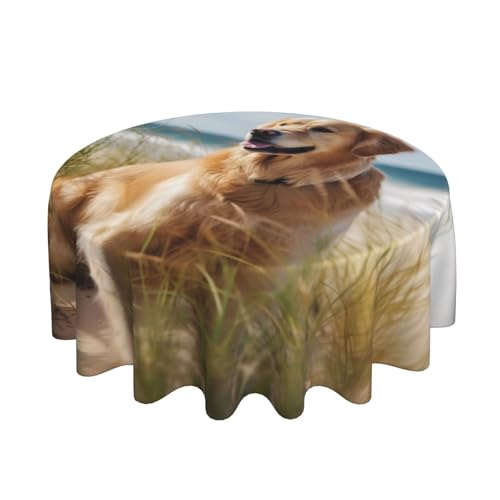 ULKMFFCF Golden Retriever am Strand, bedruckte runde Tischdecke, Tischdecke, 152,4 cm, waschbar, Stoff-Tischdecke für Küche, Esszimmer, Partys, Hochzeiten, Festivals von ULKMFFCF