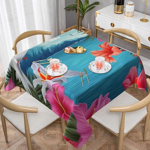 ULKMFFCF Hawaii-Hibiskusblumen-bedruckte quadratische Tischdecke, Tischdecke, 152 x 152 cm, waschbare Stoff-Tischdecke, dekorativ für Küche, Esszimmer, Partys, Hochzeiten, Festivals von ULKMFFCF