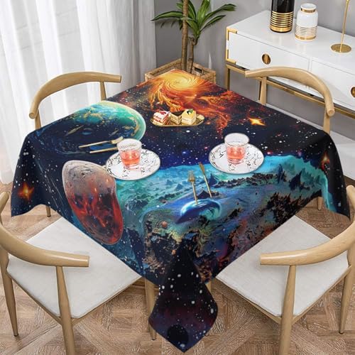 ULKMFFCF Quadratische Tischdecke, Motiv: Weltraumplaneten, 137 x 137 cm, waschbare Stoff-Tischdecke, dekorativ für Küche, Esszimmer, Partys, Hochzeiten, Festivals von ULKMFFCF