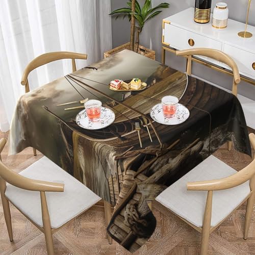 ULKMFFCF Quadratische Tischdecke mit altem Boot, 137 x 137 cm, waschbare Stoff-Tischdecke, dekorativ für Küche, Esszimmer, Partys, Hochzeiten, Festivals von ULKMFFCF