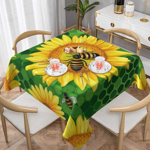 ULKMFFCF Quadratische Tischdecke mit niedlichem Bienen- und Sonnenblumen-Motiv, bedruckt, 152 x 152 cm, waschbare Stoff-Tischdecke, dekorativ für Küche, Esszimmer, Partys, Hochzeiten, Festivals von ULKMFFCF