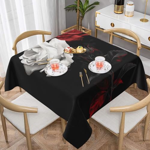 ULKMFFCF Quadratische Tischdecke mit schwarz-weißen und roten Rosen, 152 x 152 cm, waschbare Stoff-Tischdecke, dekorativ für Küche, Esszimmer, Partys, Hochzeiten, Festivals von ULKMFFCF