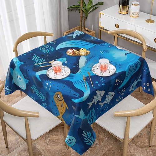 ULKMFFCF Quadratische Tischdecke mit süßem blauem Fischmotiv, 137 x 137 cm, waschbare Stoff-Tischdecke, dekorativ für Küche, Esszimmer, Partys, Hochzeiten, Festivals von ULKMFFCF