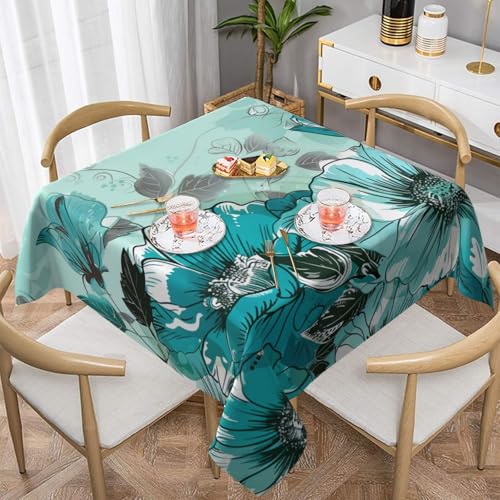 ULKMFFCF Quadratische Tischdecke mit türkisfarbenem Blumendruck, 137 x 137 cm, waschbar, Stoff-Tischdecke, dekorativ für Küche, Esszimmer, Partys, Hochzeiten, Festivals von ULKMFFCF