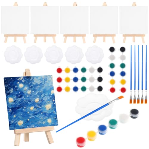 ULTECHNOVO 6 Sets Mini-Aquarellfarben-Sets 4 X 4 Malleinwand Holzstaffelei-Set Gespannte Staffelei Malpinsel Für Kunst Partygeschenke Klassenzimmerbedarf von ULTECHNOVO