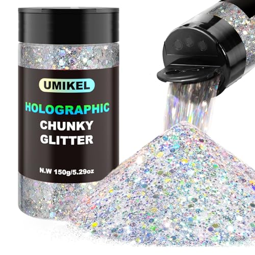 Glitzer, 150 g, holografischer Glitzer, klobiger Glitzer, Bastelglitzer für Harz, Festival, Kosmetik, Chunck, Glitzerflocken, Pailletten für Körper, Gesicht, Basteln (Silber) von UMIKEL