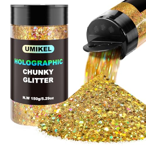 Glitzer, 150 g, holografischer Glitzer, klobiger Glitzer, Bastelglitzer für Harz, Festival, Kosmetik, Chunck, Glitzerflocken, Pailletten für Körper, Gesicht, Handwerk (Gold) von UMIKEL