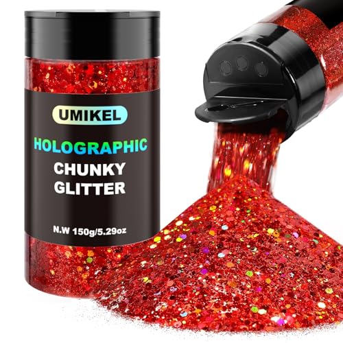 Glitzer, 150 g, holografischer Glitzer, klobiger Glitzer, Bastelglitzer für Harz, Festival, Kosmetik, Chunck, Glitzerflocken, Pailletten für Körper, Gesicht, Handwerk (Rot) von UMIKEL