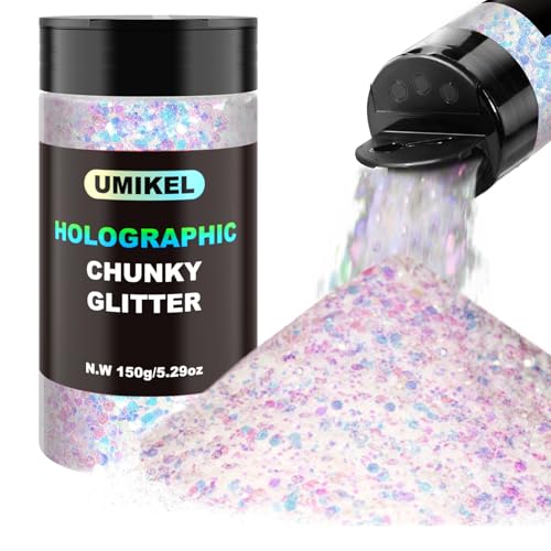 Glitzer, 150 g, holografischer Glitzer, klobiger Glitzer, Bastelglitzer für Harz, Festival, Kosmetik, Chunck, Glitzerflocken, Pailletten für Körper, Gesicht, Handwerk (schillerndes Weiß) von UMIKEL