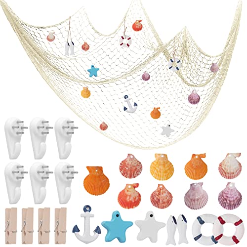 25 Pcs Fischernetz Deko Groß Set, 1.5 * 2M Fischernetz Deko mit Muscheln Haken Clip, Maritime Deko Fischernetz Wand Dekoration für Hochzeit Party Wohnzimmer Fotografie Aufhängen Dekoration von UMILKI