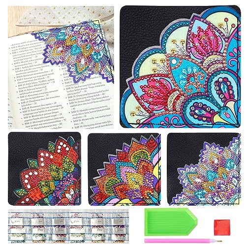 UMILKI 4 Pcs 5D Diamant Painting Lesezeichen, Diy Leder Eck-Lesezeichen, Lesezeichen Basteln für Erwachsene Kinder, Mandala Diamond Painting Lesezeichen für Reading Geschenk für Buchliebhaber von UMILKI