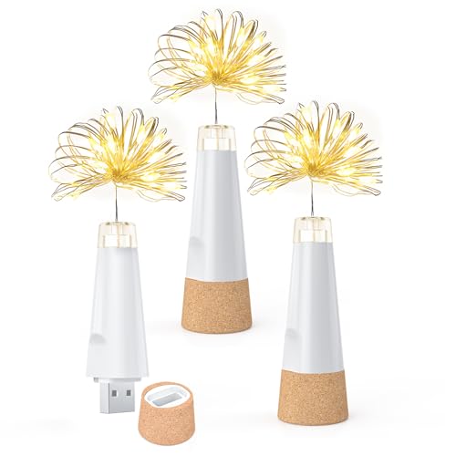 UMIWE Flaschenlichter, über USB wiederaufladbare Lichterkette, 2024 verbesserte Weinflaschen-Lichterkette mit Korken für Party, Halloween, Weihnachten (3er-Pack/warmweiß) von UMIWE