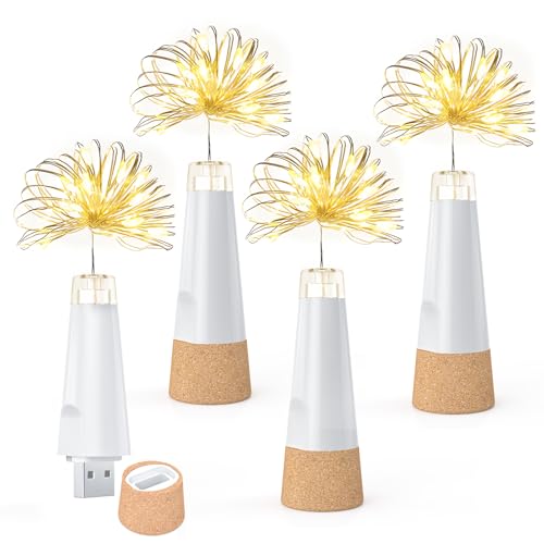 UMIWE Flaschenlichter, über USB wiederaufladbare Lichterkette, 2024 verbesserte Weinflaschen-Lichterkette mit Korken für Party, Halloween, Weihnachten (4er-Pack/warmweiß) von UMIWE