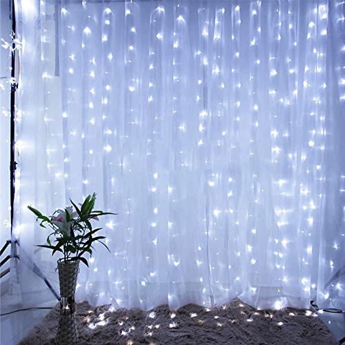 UNBON Lichterkette, Vorhang, 3 m x 3 m, Lichtervorhang, 300 LEDs, 8 Beleuchtungsmodi, USB-Licht, Warmweiß, für Dekoration von Weihnachten, Innen und Außen von UNBON