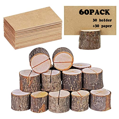 UNEED-GCY Tischkartenhalter Rustikal Echtholz mit Holzrinde Tischkartenhalter Nummern-Fotoständer Platzname Memo Kartenhalter für Hochzeit Party(30 Halter + 30 Kraftpapier) von UNEED-GCY