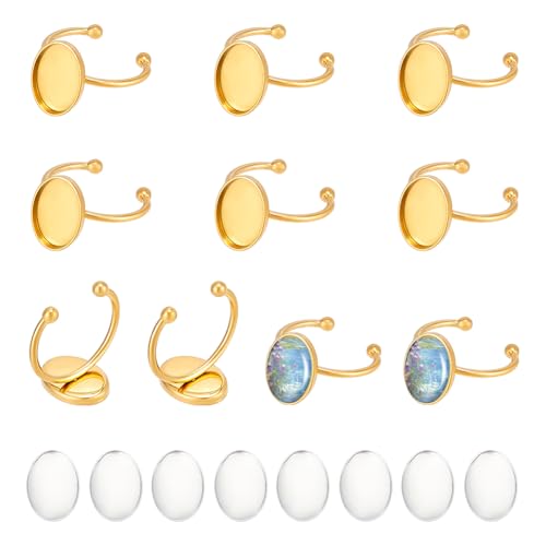 UNICRAFTALE 10 Set 18 Karat Vergoldete Ringrohlinge Verstellbare Offene Manschettenringe Edelstahl Ringfassungsrohlinge Oval Cabochon Tablett Flaches Pad Ringkomponenten Für Die Ringschmuckherstellung von UNICRAFTALE