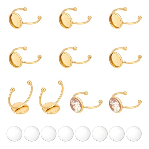 UNICRAFTALE 10 Set Blanke Gewölbte Fingerringe Edelstahl Goldene Flache Pad Ringkomponenten Cabochon Tablett 10mm Offene Manschetten Lünettentabletts Flaches Ringtablett Mit Basis Für Die Herstellung von UNICRAFTALE