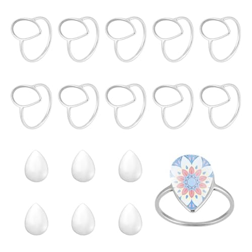 UNICRAFTALE 10 Set Cabochon Ring Tropfenform Rohlinge Ringfassungen Basen Ringfingerringe Mit 10 Stück Glas Cabochons Basis Lünettenschale Ringherstellungs Kits Zur Schmuckherstellung von UNICRAFTALE