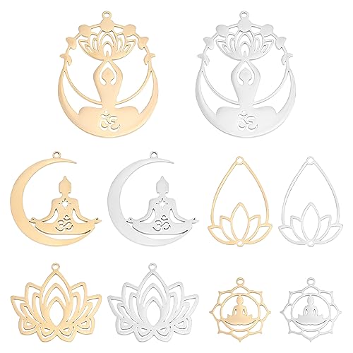 UNICRAFTALE 10 Stück Yoga Themen Anhänger 5 Stile Edelstahl Buddha Lotus Hohl Anhänger 2 Farben Buddhistisches Symbol Thema Yoga Anhänger Für Die DIY Schmuckherstellung von UNICRAFTALE