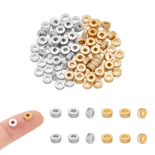 UNICRAFTALE 100 Stück 2 Farben Edelstahl Abstandsperlen Lose Perlen Metallperlen Strukturierte Flache Runde Perlen Armbandperlen 5mm Durchmesser Für DIY Halsketten Schmuckherstellungszubehör von UNICRAFTALE