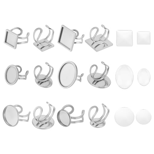 UNICRAFTALE 12 Set 3 Stile 2 Größen Fingerring Rohlinge Edelstahl Ringlünetten Rohlinge Flache Runde Verstellbare Fingerringbasen Quadratische Offene Rohlinge Cabochons Für Die DIY Ringherstellung von UNICRAFTALE