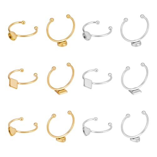 UNICRAFTALE 12 Stück 3 Stile 2 Farben Blanko-Ringe offene Manschettenring-Komponenten Ringrohlinge Pad Ring Einstelltablett 6 mm verstellbare runde Cabochon-Lünette Tablett blanko flache Basis von UNICRAFTALE