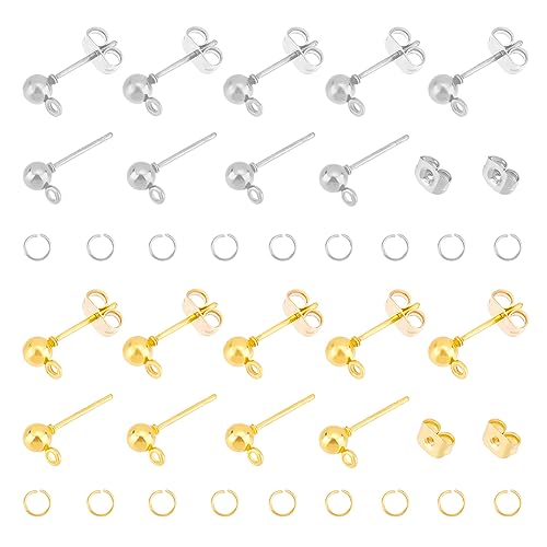 UNICRAFTALE 120 Stück 2 Farben Eisen Kugel Ohrstecker Runde Perlen Ohrring Mit 120 offenen Biegeringen Hypoallergen Gold Ohrstecker DIY Ohrringe Zubehör Für DIY Ohrringe Schmuckherstellung von UNICRAFTALE