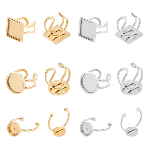 UNICRAFTALE 12Pcs 3 Styles Edelstahl Cabochon Ringe Rohlinge Cuff Pad Ring Einstellungen 8 Größe Edelstahl Ringrohlinge Einstellbare Runde Und Quadratische Fingerring Rohlinge Für Schmuckherstellung von UNICRAFTALE