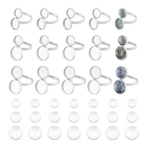 UNICRAFTALE 15 Stück 3 Stile Fingerring Rohling 17mm Verstellbar Offener Manschettenring Cabochon Basis 304 Edelstahl Flache Runde Pad Ringbasis Lünettenfach 8 12mm Zur Schmuckherstellung von UNICRAFTALE