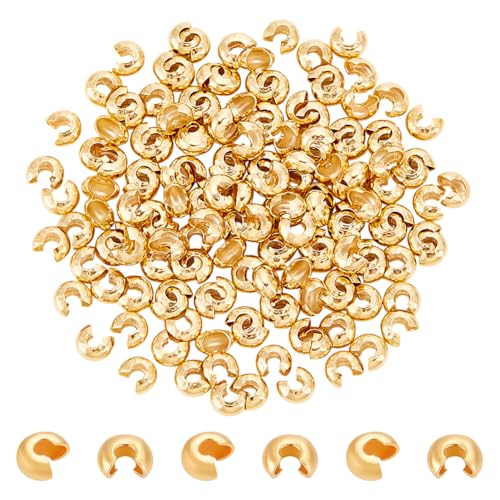 UNICRAFTALE 150 Stück 24K Vergoldete Crimpperlen Knotenabdeckungen Halbrunde Offene Crimpperlen Abdeckungen Offene Crimpperlen 4mm Metall Quetschperlen Armbänderperlen Für DIY Schmuckherstellung von UNICRAFTALE