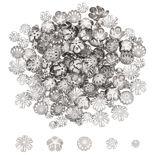 UNICRAFTALE 150 Stück 5 Stile Blumen Perlenkappen Edelstahl Perlenkappen Blumen Filigran Perlenkappen Metall Abstandsperlenkappen Lose Abstandsperlen Massenohrringe Für Die Herstellung von Armbändern von UNICRAFTALE